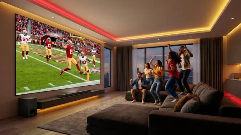 Best Home Theater for Sports setup with large projection screen and surround sound.