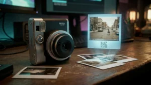 Fujifilm Mini Evo Cinema camera on a desk showing how to print video on instax film with QR code technology.