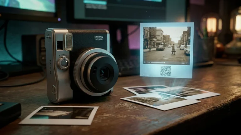 Fujifilm Mini Evo Cinema camera on a desk showing how to print video on instax film with QR code technology.