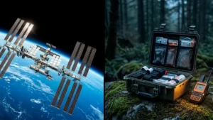 NASA ISS station and wilderness trauma kit illustrating how to handle medical emergencies off grid.