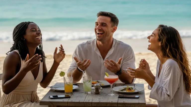Three friends laughing at a tropical resort, illustrating how to maintain healthy friendships with your ex after a breakup.