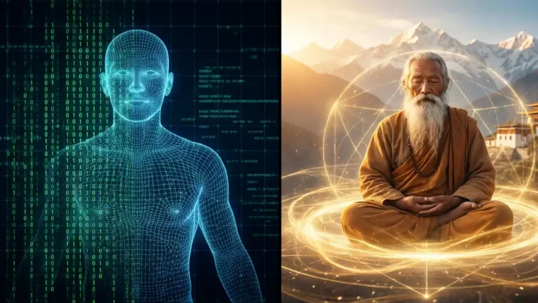 igital matrix code merging with ancient sage, illustrating how to understand the simulation hypothesis.