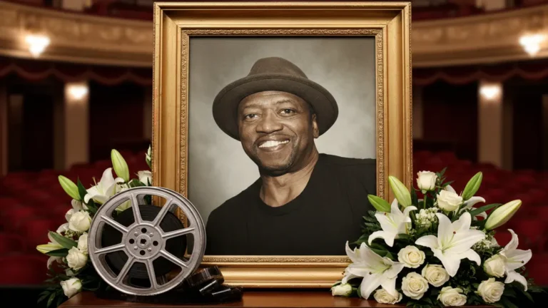 T.K. Carter memorial portrait with flowers and film equipment in a cinematic news style.