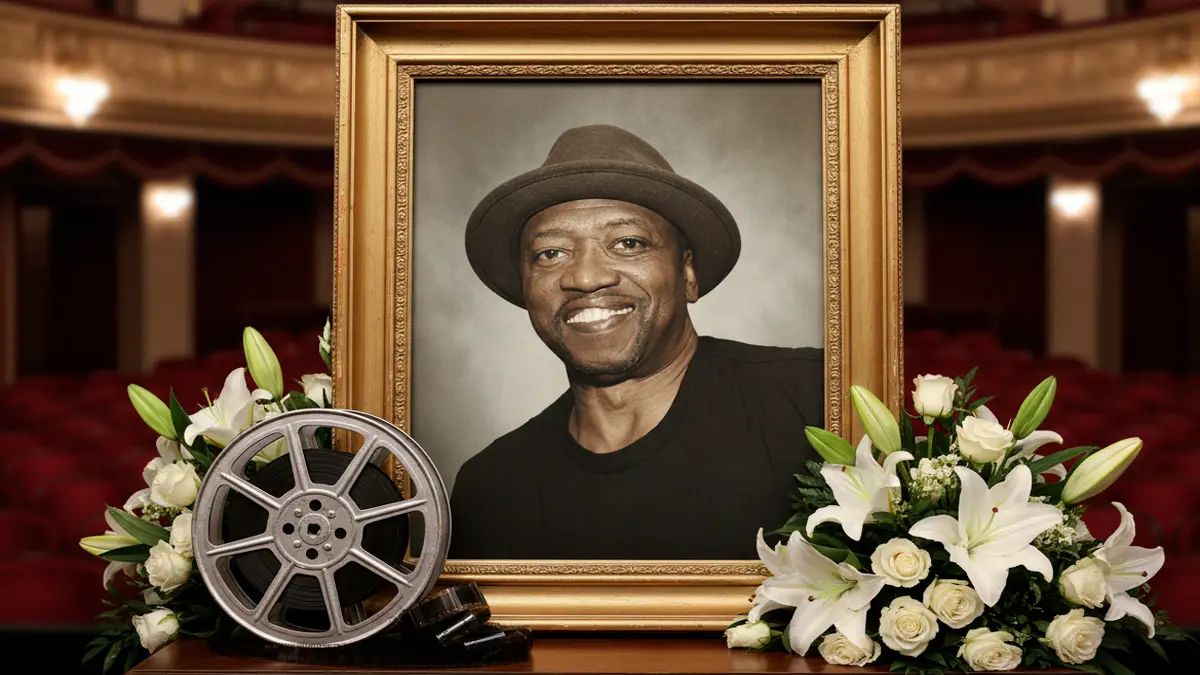 T.K. Carter memorial portrait with flowers and film equipment in a cinematic news style.