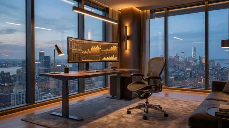 Modern luxury home office with ergonomic chair and standing desk overlooking city skyline at sunset.