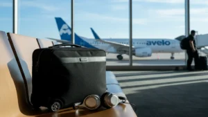 Selection of the best travel essentials for budget airlines sitting in an airport terminal.