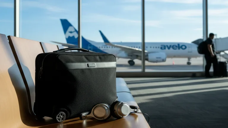 Selection of the best travel essentials for budget airlines sitting in an airport terminal.