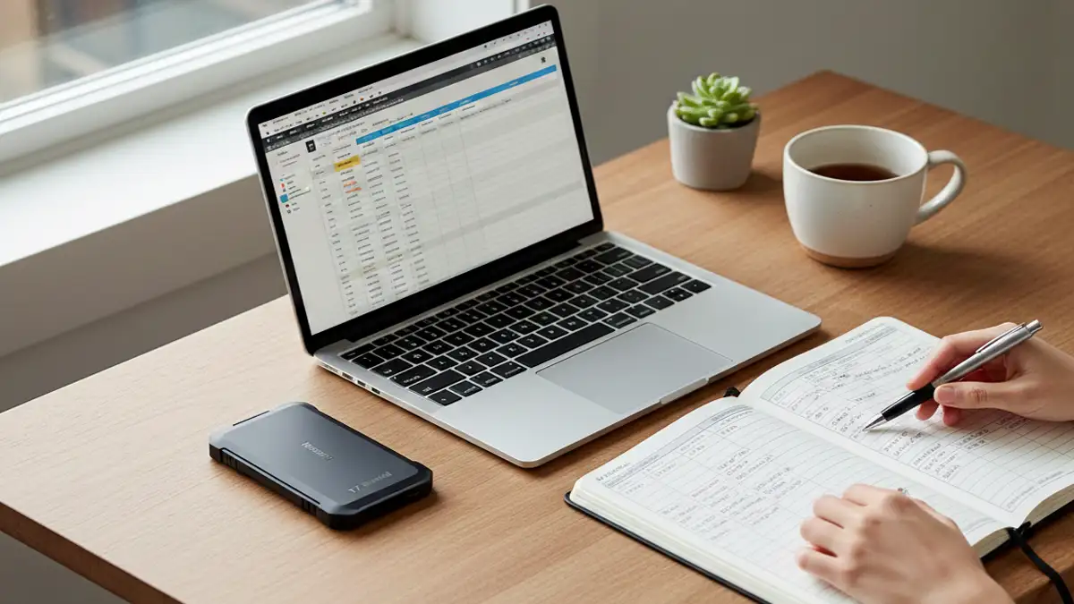 A portable SSD and a financial planner on a desk, showing how to prepare for tech layoffs 2026