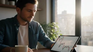 An investor reviewing a declining stock market chart on a tablet while using a hardware security key to learn how to protect your investment portfolio from tech volatility.