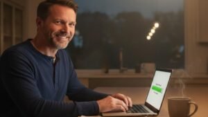 A man looking relieved while checking his 2026 IRS Where's My Refund status on a laptop.