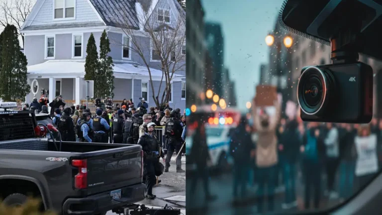 A high-tech 4K model of the best dash cams mounted on a car windshield during an urban emergency.