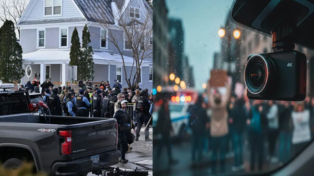 A high-tech 4K model of the best dash cams mounted on a car windshield during an urban emergency.