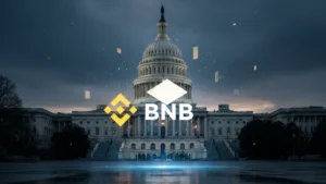 A cinematic view of the U.S. Senate building with a digital cryptocurrency overlay