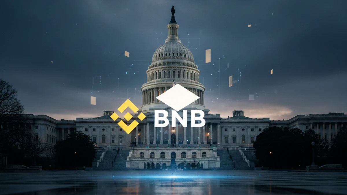A cinematic view of the U.S. Senate building with a digital cryptocurrency overlay