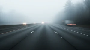 A highway in Ohio covered in thick white fog with car headlights barely visible under a Dense Fog Advisory.