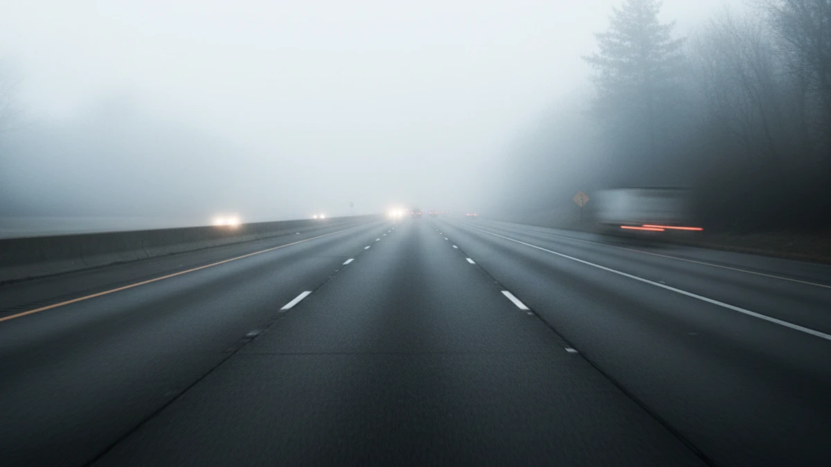 A highway in Ohio covered in thick white fog with car headlights barely visible under a Dense Fog Advisory.
