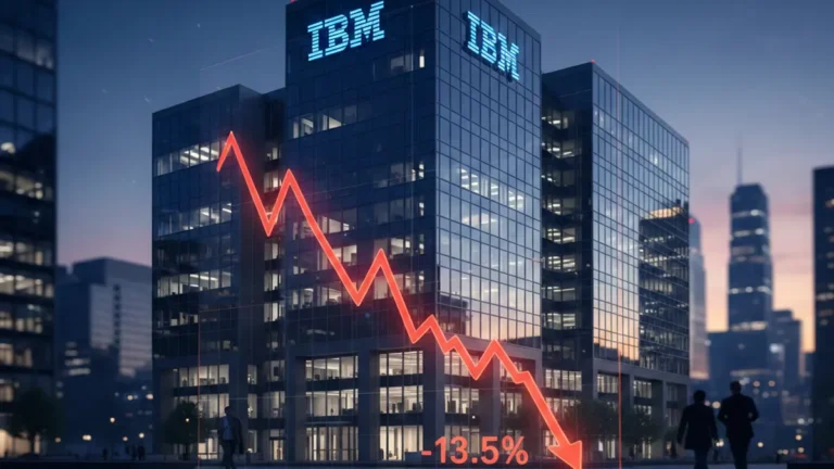 A wide cinematic shot of an IBM office building with a superimposed declining stock market line chart.