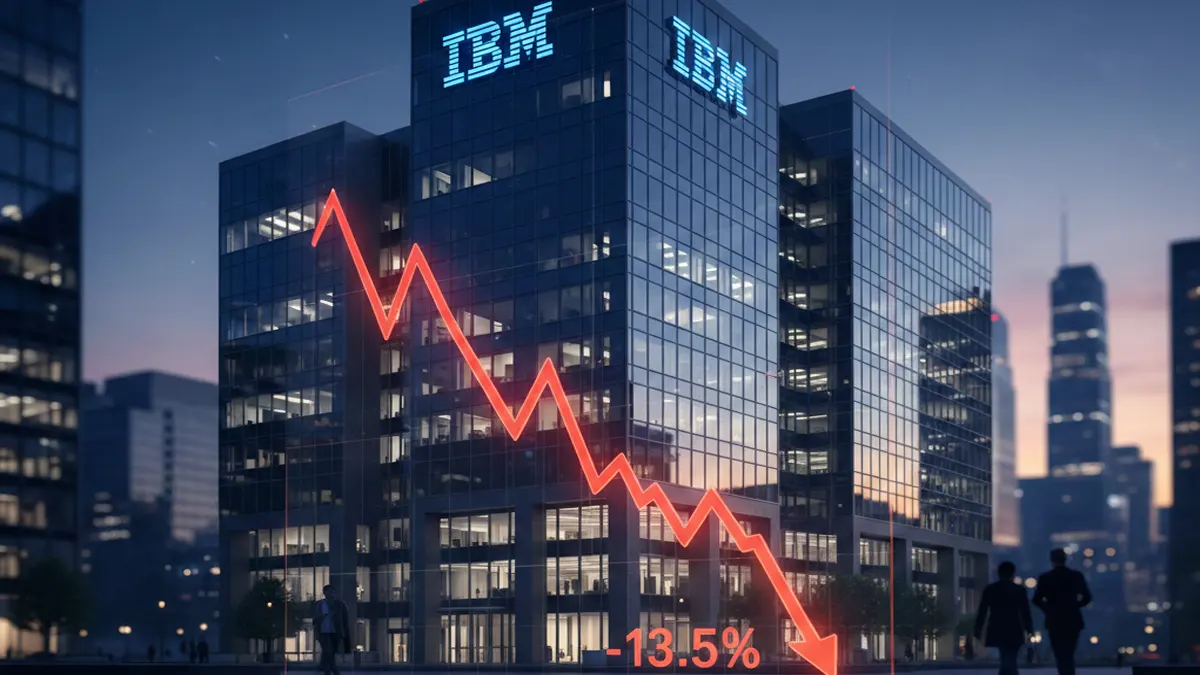A wide cinematic shot of an IBM office building with a superimposed declining stock market line chart.