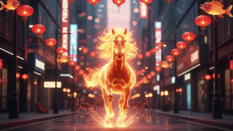 A cinematic wide shot of traditional horse decorations and lanterns for the 2026 Lunar New Year.