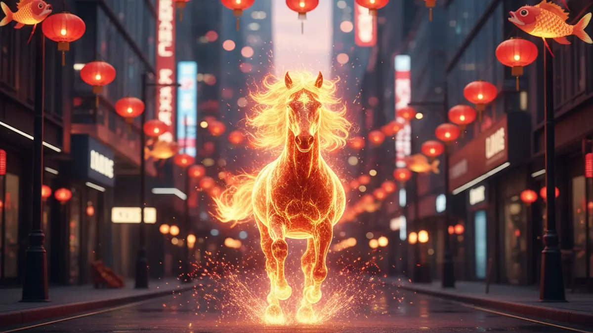 A cinematic wide shot of traditional horse decorations and lanterns for the 2026 Lunar New Year.