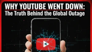 A person holding a smartphone showing the YouTube app during a global service outage.