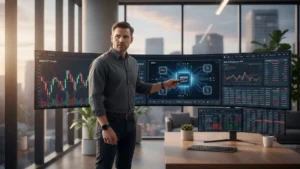 A financial professional analyzing AMD stock trends and AI chip performance on digital monitors.