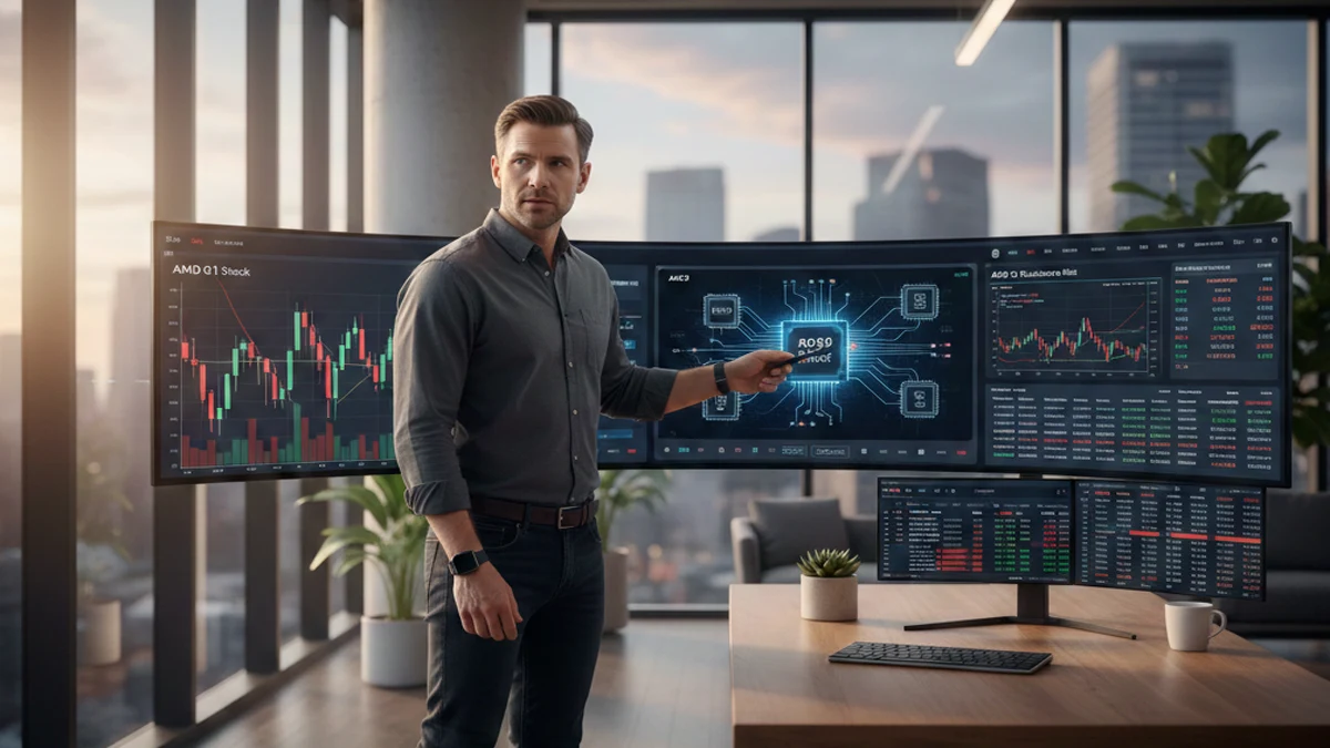 A financial professional analyzing AMD stock trends and AI chip performance on digital monitors.