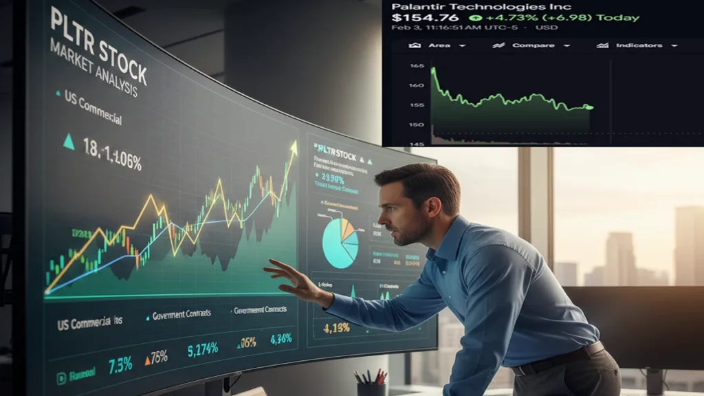 Pltr Stock A financial professional analyzing pltr stock growth charts on a digital display.