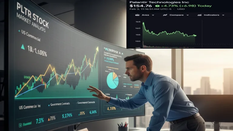 Pltr Stock A financial professional analyzing pltr stock growth charts on a digital display.