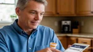 A man using the TrumpRx portal on a tablet to find discounted prescription drugs.