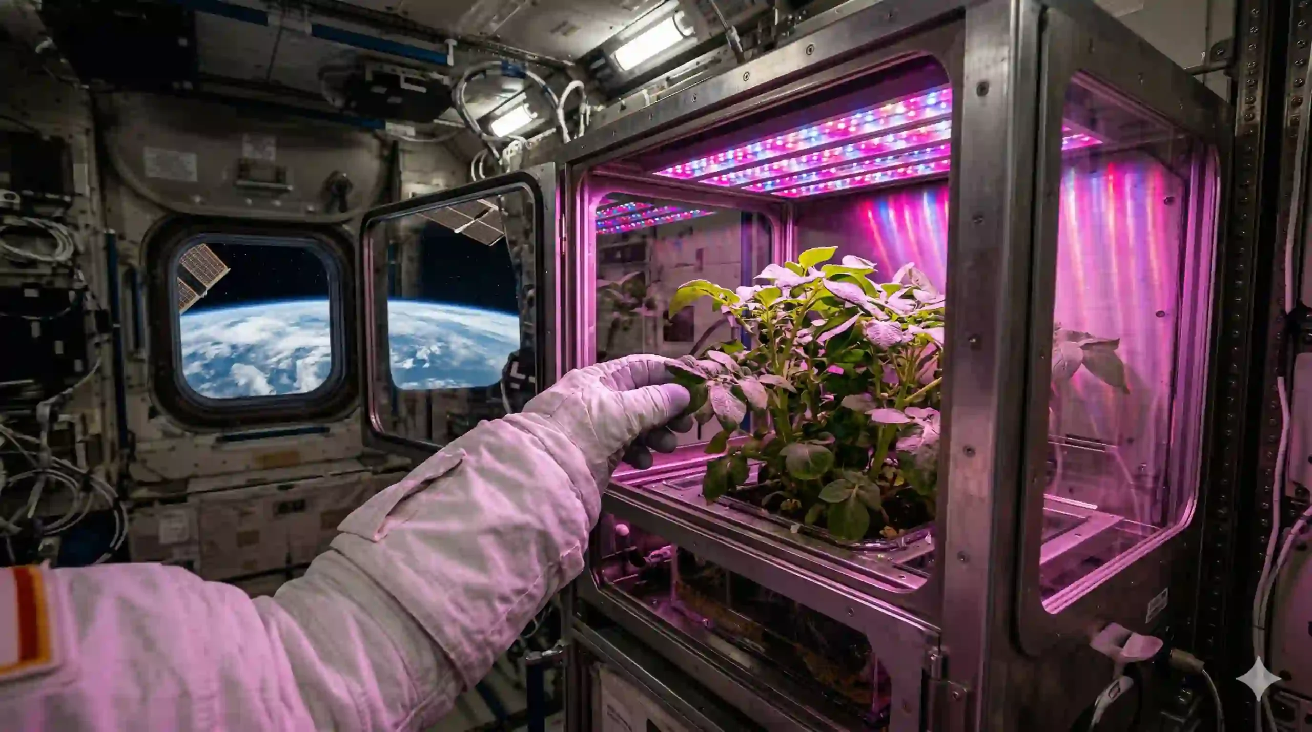 A high-tech space greenhouse module on the ISS showing leafy green plants under red and blue LED lights.