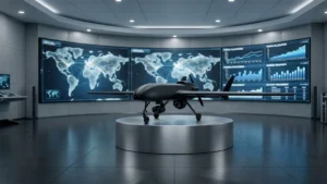 A sleek reconnaissance drone on a display table in a high-tech military briefing room.