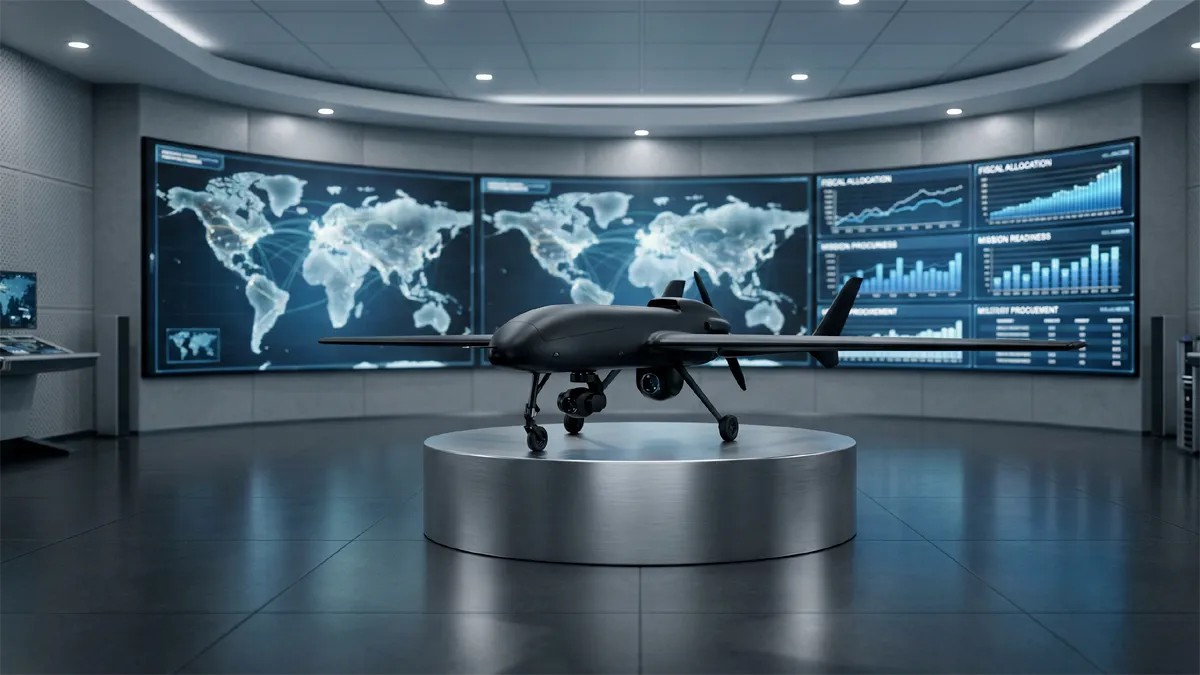 A sleek reconnaissance drone on a display table in a high-tech military briefing room.