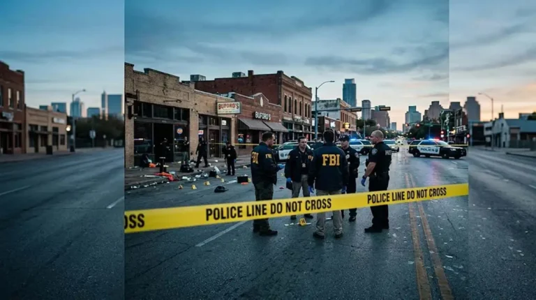 FBI and Austin Police officers investigating the mass shooting scene on West 6th Street.