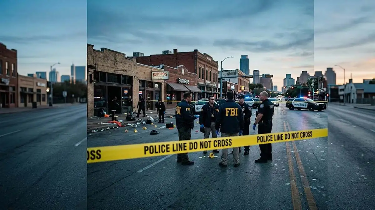 FBI and Austin Police officers investigating the mass shooting scene on West 6th Street.