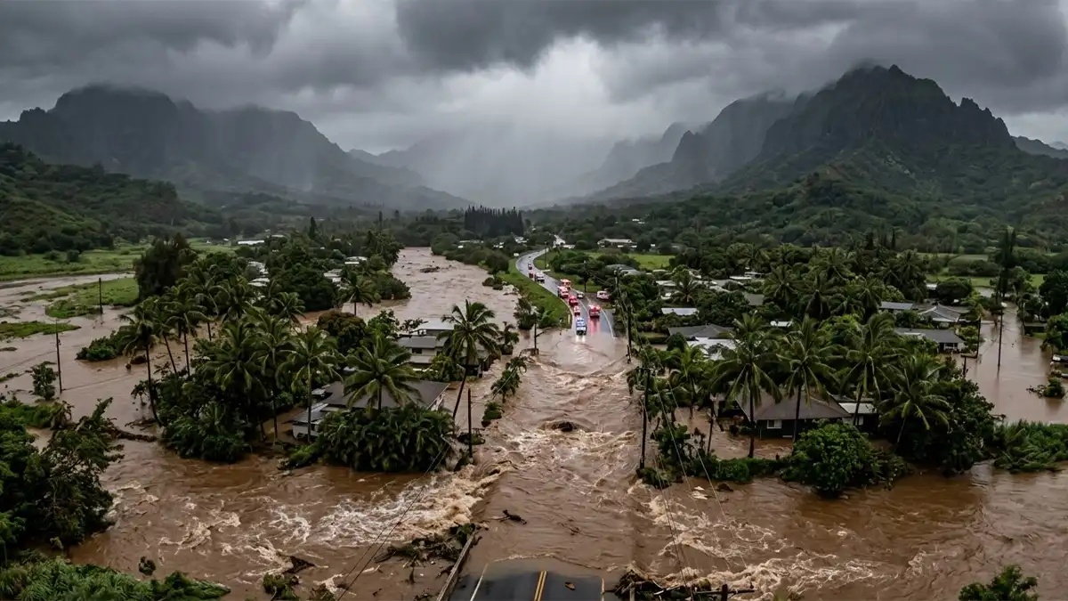 Raging floodwaters in Hawaii during the 2026 Kona Low storm crisis.