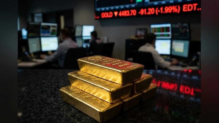 A cinematic landscape shot of gold bars on a dark reflective surface with a red declining market line in the background.