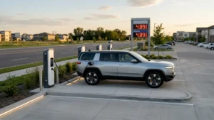 A modern electric vehicle charging at a station with a blurred gasoline price sign showing $4.00 in the background.