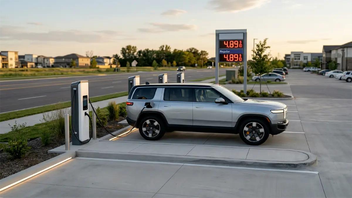 A modern electric vehicle charging at a station with a blurred gasoline price sign showing $4.00 in the background.