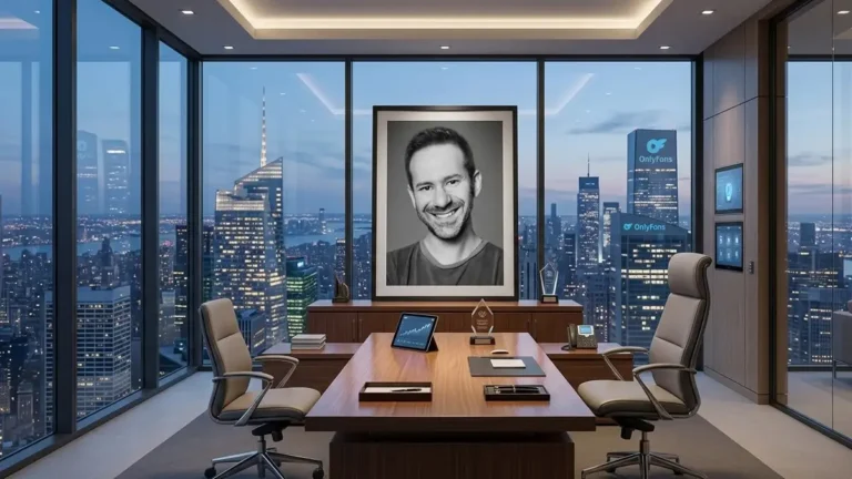 Portrait of OnlyFans owner Leonid Radvinsky with a professional tech background.