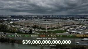 An analytical view of the Pentagon building and a chart showing the rise of US national debt to $39 trillion in 2026.