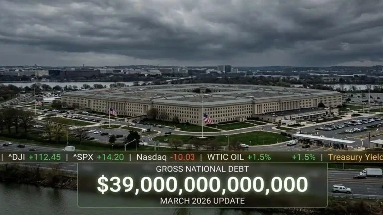 An analytical view of the Pentagon building and a chart showing the rise of US national debt to $39 trillion in 2026.