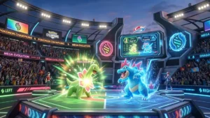 A high-definition battle scene from Pokémon Champions featuring Mega Meganium and Mega Feraligatr on Nintendo Switch 2.