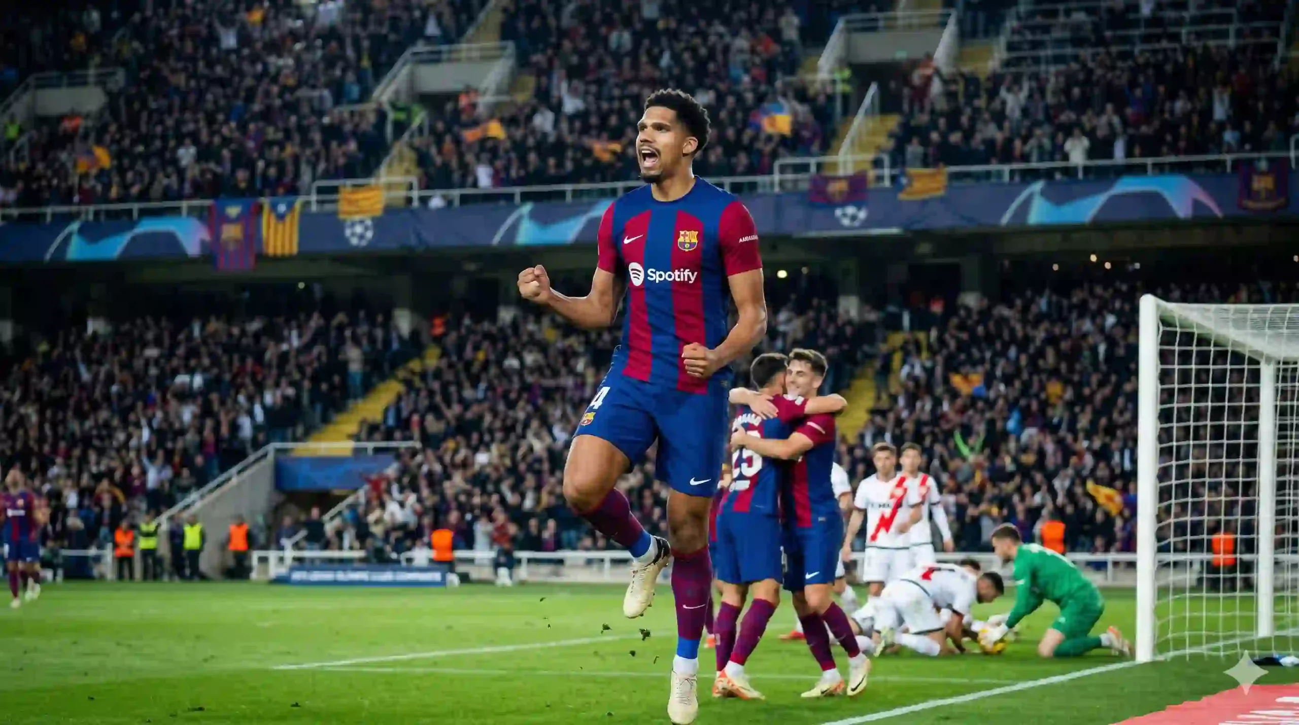 Ronald Araujo jumping to score a header for FC Barcelona against Rayo Vallecano in LaLiga match