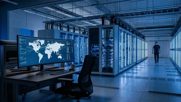 A professional cinematic view of a digital network hub representing Sony's global connectivity.