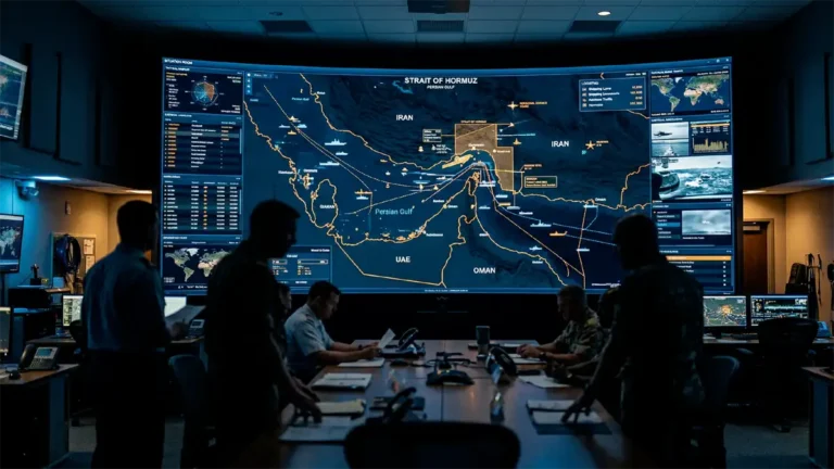 A high-level military briefing room showing maps of the Strait of Hormuz and West Asia.