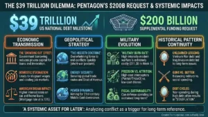A strategic analysis infographic illustrating the $200 Billion Pentagon supplemental request to enforce the aggressive "Hegseth Doctrine," all while the US National Debt surpasses the $39 Trillion milestone.