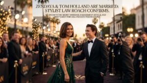 Zendaya and Tom Holland posing together at a high-profile Hollywood event.
