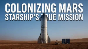 A photorealistic rendering of SpaceX Starship landed on the Martian surface with solar arrays and habitat modules in the background.