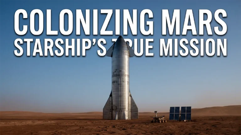 A photorealistic rendering of SpaceX Starship landed on the Martian surface with solar arrays and habitat modules in the background.